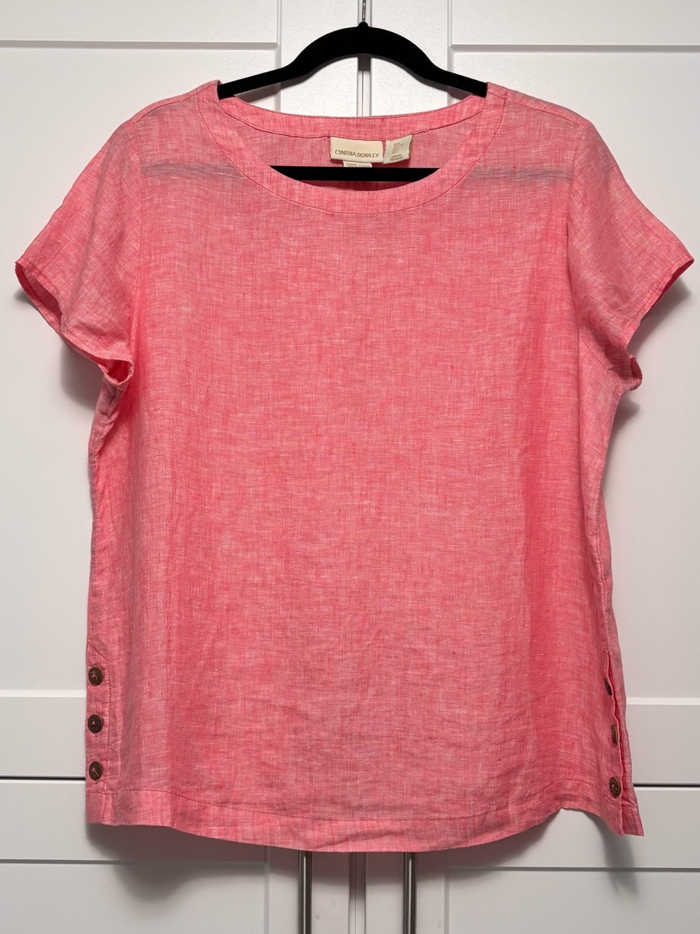 Cynthia Rowley 100% Linen Coral Pink Short Sleeve Size Large Classic Blouse